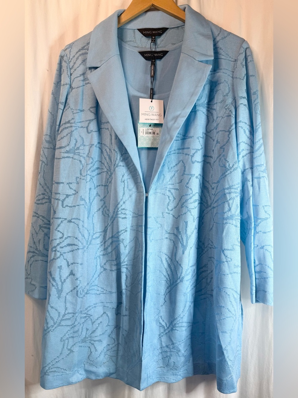 Ming Wang Light Blue Open Front Knit Longline Cardigan and Tank
